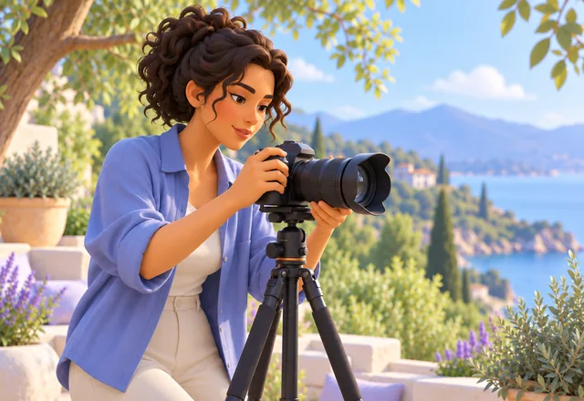 Ilustração de uma fotógrafa preparando um ensaio ao ar livre