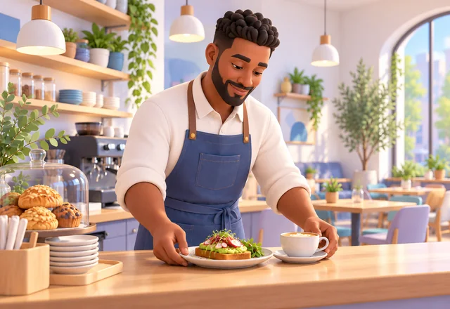 Ilustração de uma proprietária preparando as mesas de um restaurante